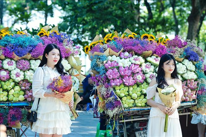 Trào lưu check-in, chụp ảnh bên xe hoa rong thu hút chủ yếu là các bạn nữ. Ảnh: Khánh Hoà - TTXVN