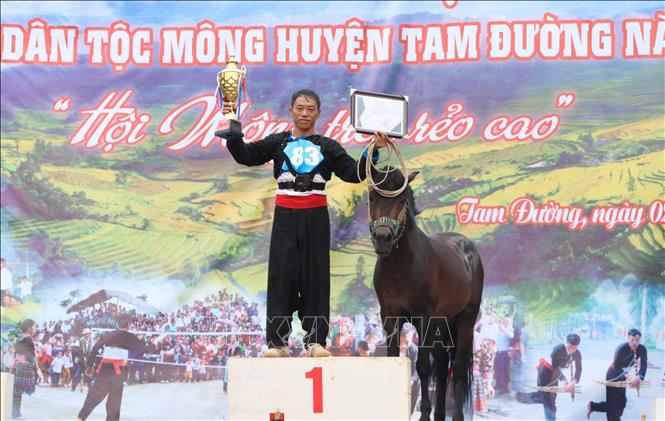 Horse rider (Nai ngua) Giang A Chu and his winning horse. They won the first place at the Tam Duong horse racing festival. VNA Photo: Nguyễn Oanh