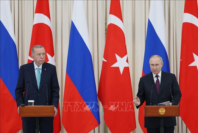 Tổng thống Nga Vladimir Putin (phải) và Tổng thống Thổ Nhĩ Kỳ Recep Tayyip Erdogan tại cuộc họp báo chung ở Sochi (Nga), ngày 4/9/2023. Ảnh: AFP/TTXVN