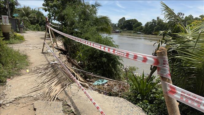 Bờ Tây sông Hậu qua địa bàn xã Quốc Thái, huyện An Phú, An Giang bị sạt lở nghiêm trọng. Ảnh: Thanh Sang -TTXVN
