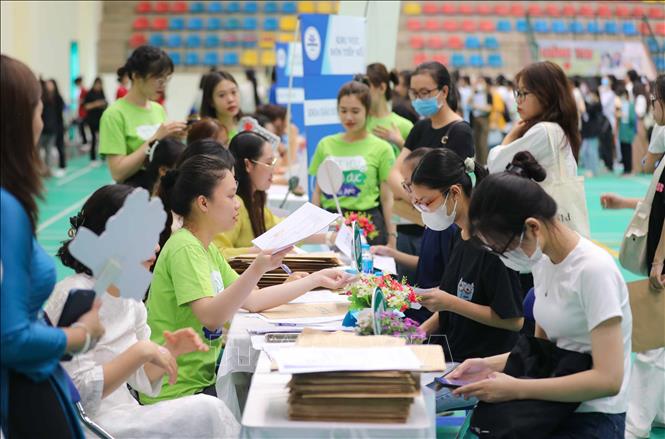 Đại diện nhà trường hướng dẫn, tư vấn, đón tiếp các tân sinh viên K73 trong ngày nhập học. Ảnh: Thanh Tùng - TTXVN 