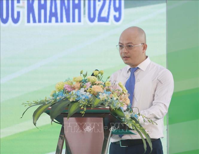 Tổng giám dốc Công ty Cổ phần xây dựng Procons, Chủ đầu tư của dự án Nhà máy nước sạch Sông Hồng Vũ Trường Sinh phát biểu tại lễ khánh thành. Ảnh: Hoàng Hùng – TTXVN