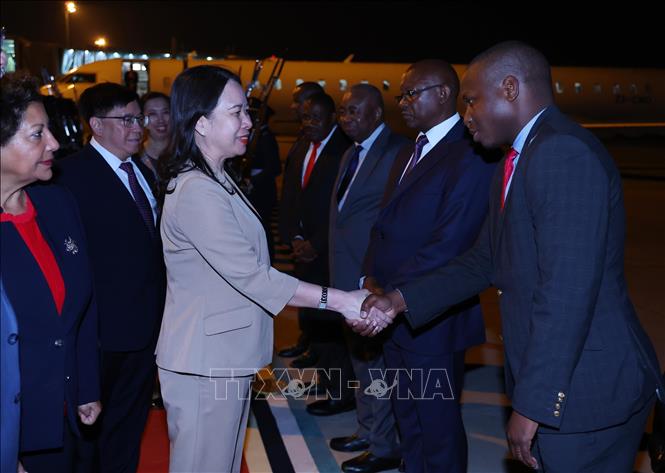 Vice President Vo Thi Anh Xuan and her entourage are welcomed at the Maputo International Airport. VNA Photo: Lâm Khánh 