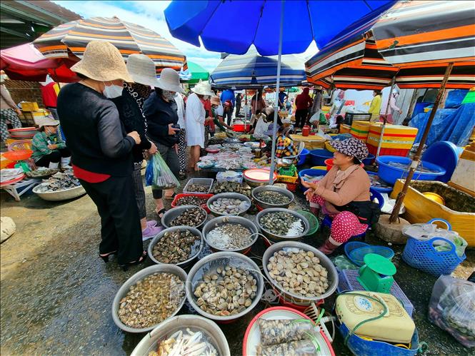 Du khách lựa chọn mua các loại hải sản bán ở chợ Nại. Ảnh: Nguyễn Thành – TTXVN