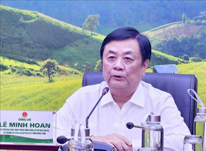 Bộ trưởng Bộ Nông nghiệp và Phát triển nông thôn Lê Minh Hoan phát biểu tại điểm cầu Bộ Nông nghiệp và Phát triển nông thôn. Ảnh: TTXVN phát.