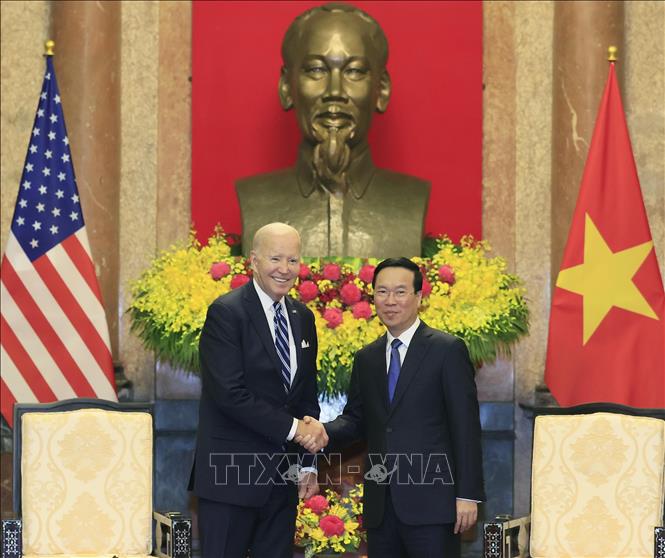 Chủ tịch nước Võ Văn Thưởng tiếp Tổng thống Hoa Kỳ Joe Biden. Ảnh: Thống Nhất – TTXVN
