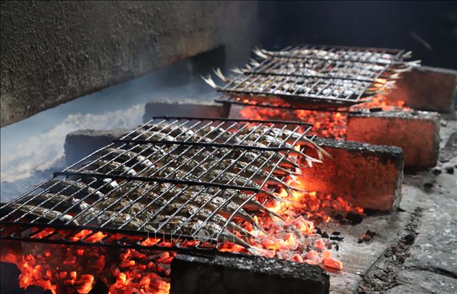 Những “mẻ” cá biển được nướng chín bằng than hoa tại một lò nướng truyền thống. Ảnh: Xuân Tiến – TTXVN 