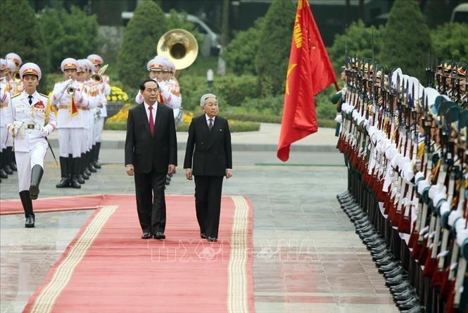 Chủ tịch nước Trần Đại Quang chủ trì Lễ đón Nhà vua Nhật Bản Akihito thăm cấp Nhà nước tới Việt Nam từ ngày 28/2 đến 5/3/2017. Ảnh: Nguyễn Dân -TTXVN