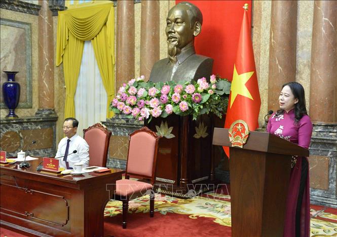  Phó Chủ tịch nước Võ Thị Ánh Xuân phát biểu tại buổi gặp mặt. Ảnh: Minh Đức – TTXVN