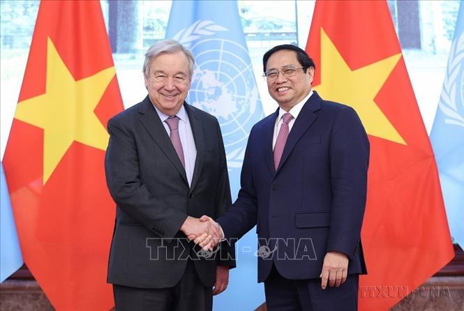 Sáng 22/10/2022, tại Hà Nội, Thủ tướng Phạm Minh Chính tiếp Tổng Thư ký Liên hợp quốc António Guterres thăm chính thức Việt Nam. Ảnh: Dương Giang –TTXVN