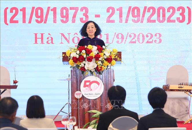 Ủy viên Bộ Chính trị, Thường trực Ban Bí thư, Trưởng ban Tổ chức Trung ương, Chủ tịch Nhóm Nghị sỹ hữu nghị Việt Nam - Nhật Bản Trương Thị Mai phát biểu tại Lễ kỷ niệm. Ảnh: An Đăng - TTXVN