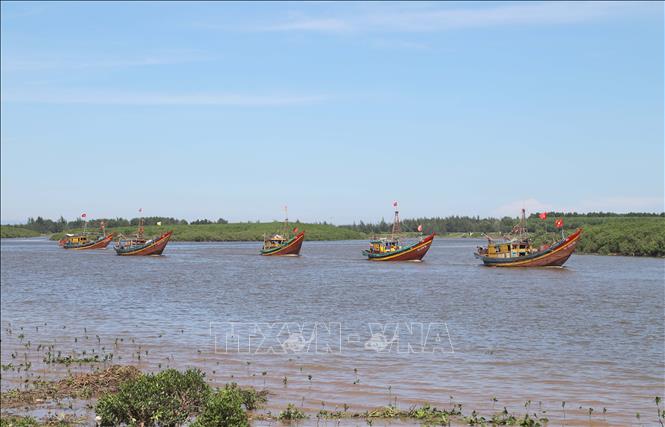 Nhiều tàu, thuyền của ngư dân huyện Diễn Châu (tỉnh Nghệ An) di chuyển trên sông Lạch Vạn để vươn khơi, bám biển, bám ngư trường. Ảnh: Xuân Tiến - TTXVN 