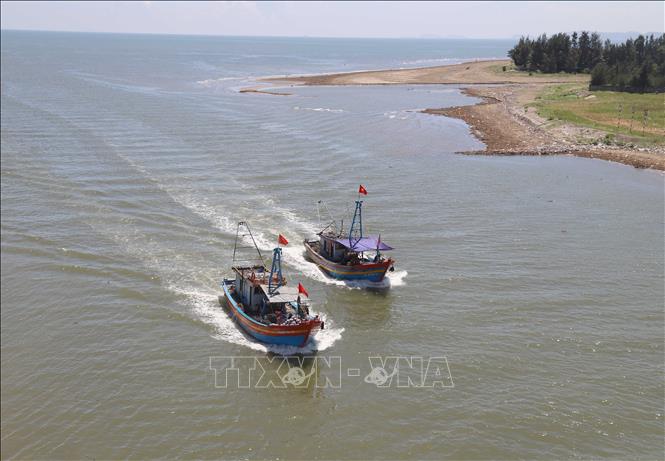 Những con tàu của ngư dân chở nặng hải sản sau những chuyến ra khơi đang vào cửa biển Lạch Vạn. Ảnh: Xuân Tiến - TTXVN 