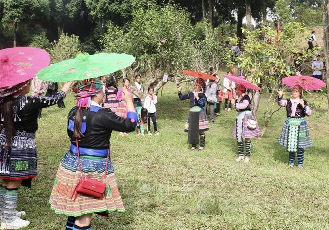 Mong ethnic women join in dances and sing songs at the festival honouring ancient Shan Tuyet tea trees. VNA Photo: Tuấn Anh