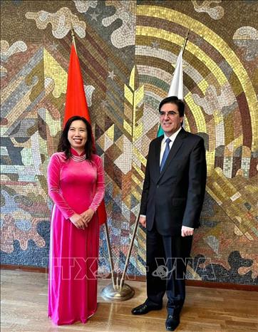 Thứ trưởng Ngoại giao Lê Thị Thu Hằng với Thứ trưởng Ngoại giao Bulgaria Tihomir Stoytchev. Ảnh: TTXVN phát