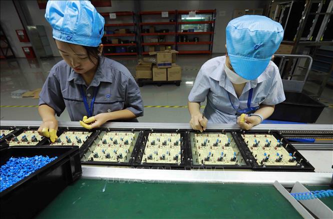 Lắp ráp linh kiện điện tử dùng cho ngành máy in tại Công ty TNHH công nghệ điện tử Chee Yuen Việt Nam, vốn đầu tư của Đài Loan (Trung Quốc) ở khu công nghiệp An Dương, huyện An Dương. Ảnh: Vũ Sinh - TTXVN