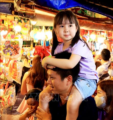 A family enjoys their Mid-Autumn Festival on Luong Nhu Hoc lantern street. VNA Photo: Hồng Đạt 