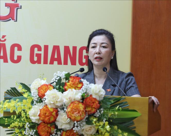 Phó Bí thư Thường trực Tỉnh ủy tỉnh Bắc Giang Lê Thị Thu Hồng phát biểu tại buổi lễ. Ảnh: Danh Lam -TTXVN