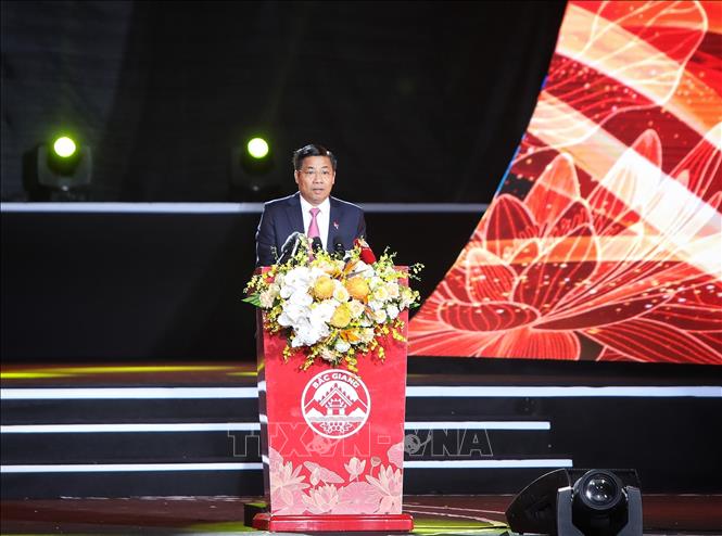 Bí thư tỉnh ủy tỉnh Bắc Giang Dương Văn Thái phát biểu tại buổi lễ. Ảnh: Danh Lam- TTXVN