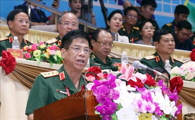 Deputy Chief of the General Staff of the Vietnam People's Army Sen. Lieut. Gen Nguyen Van Nghia speaks at the closing ceremony of the ASEAN Army Men’s Volleyball Tournament 2023. VNA Photo: Xuân Khu