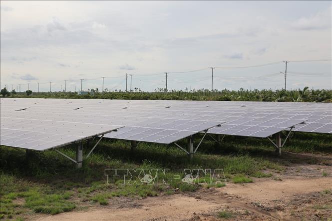 Các tấm pin quang năng của Nhà máy điện mặt trời Solar Park của Công ty TNHH Hoàn Cầu Long An tại xã Bình Hòa Nam, huyện Đức Huệ. Ảnh: Minh Hưng - TTXVN