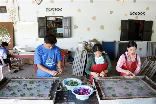 Sản xuất giấy Saa tại bản Xienglek, Luang Prabang (Lào). Ảnh: Phạm Kiên - Phóng viên TTXVN tại Lào