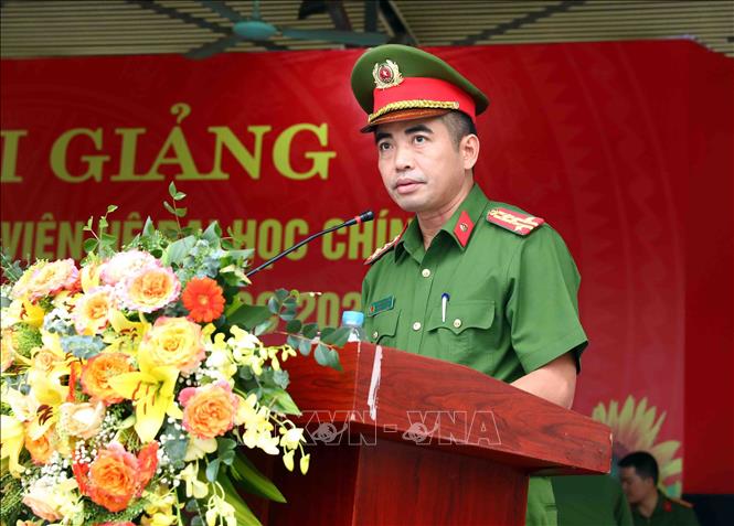 Đại tá Phan Công Côn, Giám đốc Trung tâm huấn luyện và bồi dưỡng nghiệp vụ 1 (Bộ Tư lệnh cảnh sát cơ động, Bộ Công an) phát biểu. Ảnh: Phạm Kiên - TTXVN