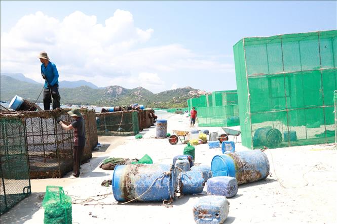 Người dân thôn Bình Lập, xã Cam Lập, cho rằng ô nhiễm tại khu vực này xuất phát từ quá trình vệ sinh các lồng bè nuôi thủy sản. Ảnh: Đặng Tuấn -TTXVN 