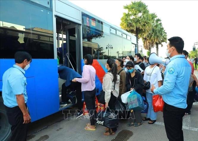 Chính phủ Campuchia tổ chức 455 xe buýt đưa đón miễn phí công nhân, người lao động và người dân đi lại trong mùa Pchum Ben 2023. Ảnh: AKP/TTXVN phát 