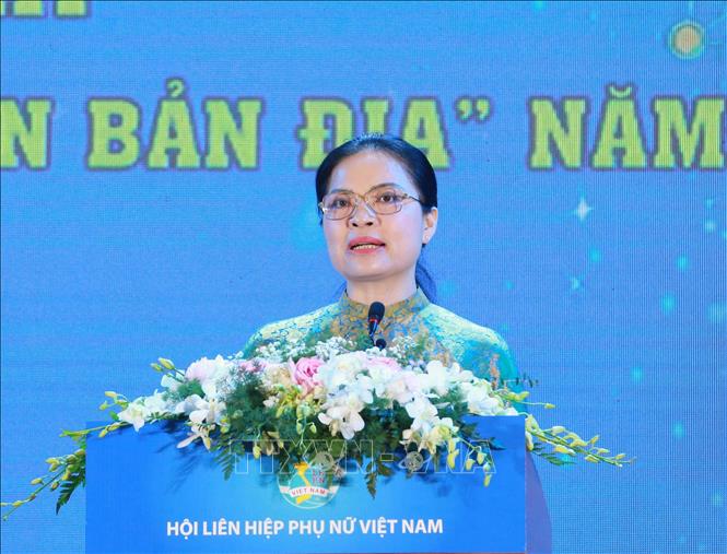 Bà Hà Thị Nga, Uỷ viên Trung ương Đảng, Chủ tịch Hội Liên hiệp Phụ nữ Việt Nam phát biểu tại lễ trao giải. Ảnh: Phương Hoa - TTXVN