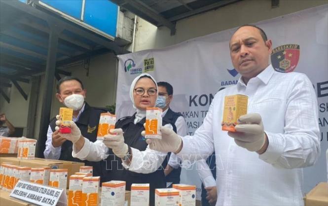 (Tư liệu) Nhà chức trách Indonesia công bố một loại siro có chứa độc tố đối với thận của Công ty Afi Pharma vừa bị phát hiện tại Serang, Banten, ngày 31/10/2022. Ảnh: ANTARA/TTXVN