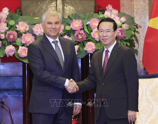 Chủ tịch nước Võ Văn Thưởng tiếp Chủ tịch Duma Quốc gia Nga Vyacheslav Viktorovich Volodin. Ảnh: Thống Nhất – TTXVN
