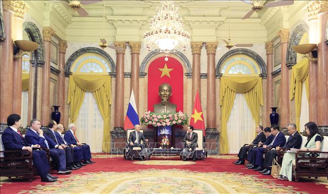 Chủ tịch nước Võ Văn Thưởng tiếp Chủ tịch Duma Quốc gia Nga Vyacheslav Viktorovich Volodin. Ảnh: Thống Nhất – TTXVN