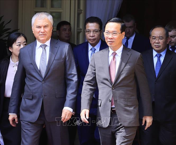 Chủ tịch nước Võ Văn Thưởng với Chủ tịch Duma Quốc gia Quốc hội Liên bang Nga Vyacheslav Viktorovich Volodin. Ảnh: Thống Nhất – TTXVN
