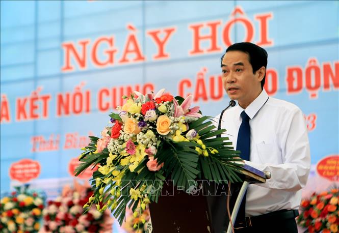 Giám đốc Sở Lao động Thương binh và Xã hội tỉnh Thái Bình Phí Ngọc Thành phát biểu tại Ngày hội. Ảnh: Thế Duyệt - TTXVN