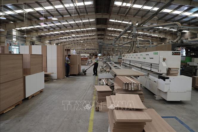 Công nhân Công ty ILA vận chuyển thành phẩm vào khu tập kết cho đơn hàng xuất khẩu. Ảnh: Minh Hưng - TTXVN