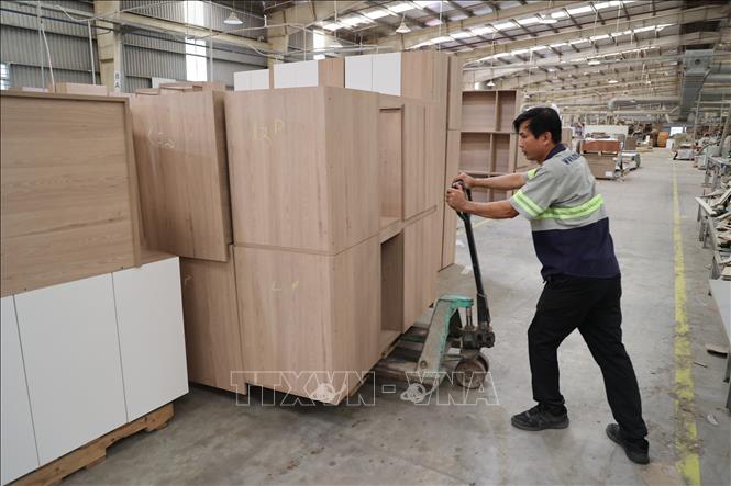 Công nhân Công ty ILA vận chuyển thành phẩm vào khu tập kết cho đơn hàng xuất khẩu. Ảnh: Minh Hưng - TTXVN