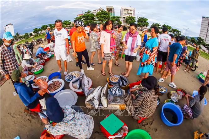 Chợ thu hút đông đảo người dân, du khách đến tham quan, tìm mua hải sản. Ảnh: Trần Lê Lâm – TTXVN 