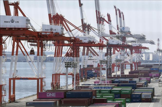 Container hàng hóa được bốc dỡ tại cảng ở Nagoya, tỉnh Aichi, Nhật Bản, ngày 6/7/2023. Ảnh: Kyodo/TTXVN