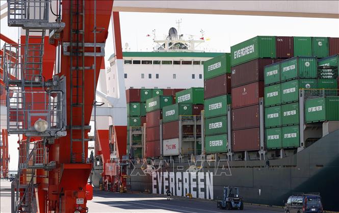 Container hàng hóa được bốc dỡ tại cảng ở Tokyo, Nhật Bản. Ảnh: AFP/TTXVN