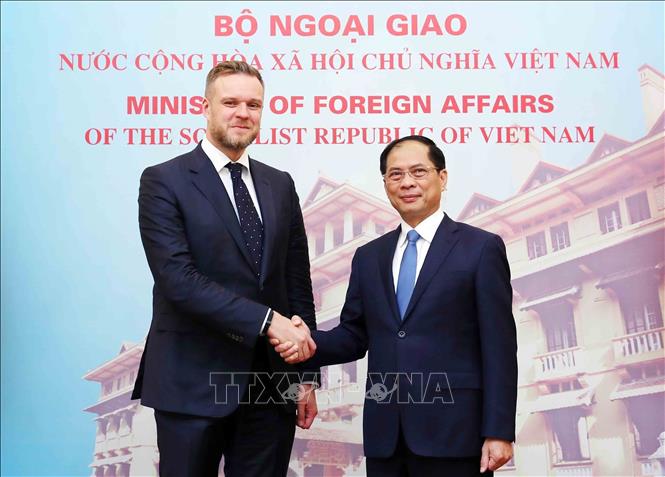 FM Bui Thanh Son welcomes his Lithuanian counterpart Gabrielius Landsbergis. VNA Photo: An Đăng