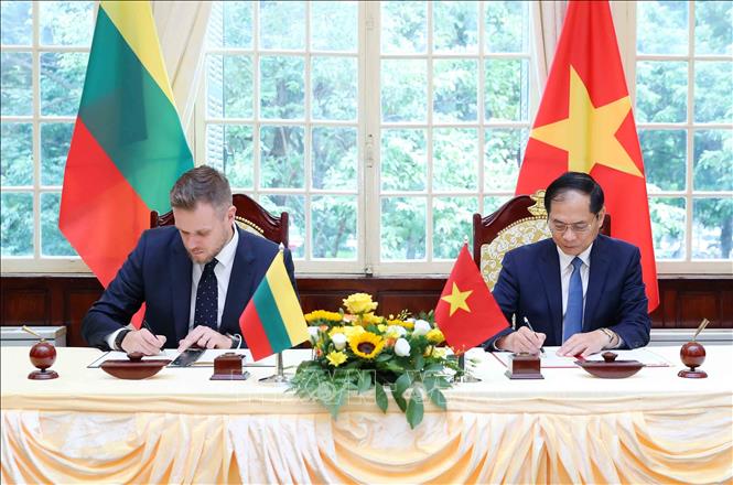 FM Bui Thanh Son and his Lithuanian counterpart Gabrielius Landsbergis sign the cooperation agreement. VNA Photo: An Đăng