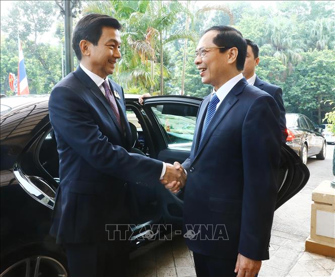 FM Bui Thanh Son welcomes Thai Deputy PM and FM Parnpree Bahiddha-Nukara. VNA Photo: Lâm Khánh 