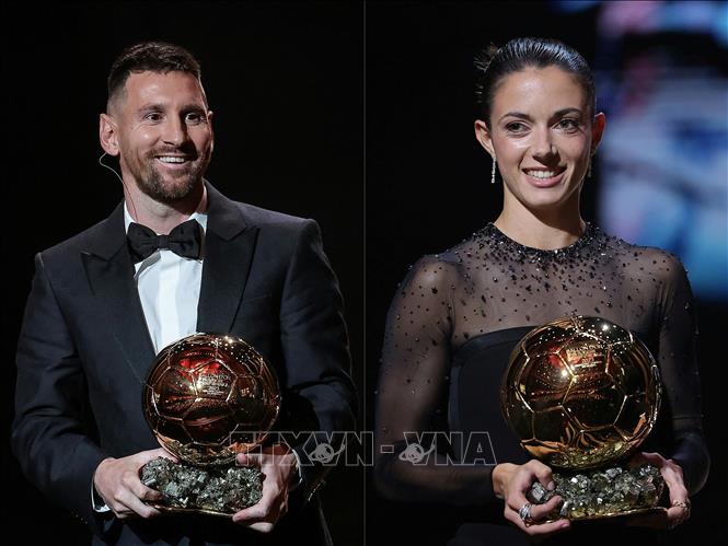 Tiền đạo Argentina Lionel Messi (trái) và nữ tiền vệ Tây Ban Nha Aitana Bonmati được trao danh hiệu Quả bóng Vàng nam và nữ 2023. Ảnh: AFP/TTXVN