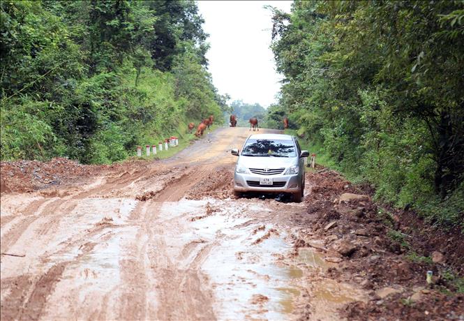 Bùn, đất nhão trên mặt đường, gây khó khăn, cản trở lưu thông. Ảnh: Hưng Thịnh - TTXVN