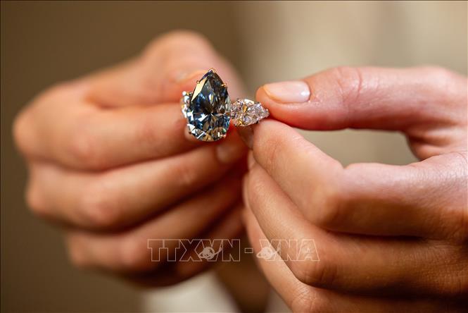 Viên kim cương “Bleu Royal” màu xanh lam đẹp không tì vết được đính trên chiếc nhẫn tại Geneva (Thụy Sĩ) ngày 2/11/2023. Ảnh: AFP/TTXVN