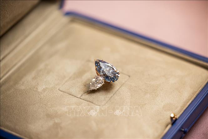 Viên kim cương “Bleu Royal” màu xanh lam đẹp không tì vết được đính trên chiếc nhẫn tại Geneva (Thụy Sĩ) ngày 2/11/2023. Ảnh: AFP/TTXVN