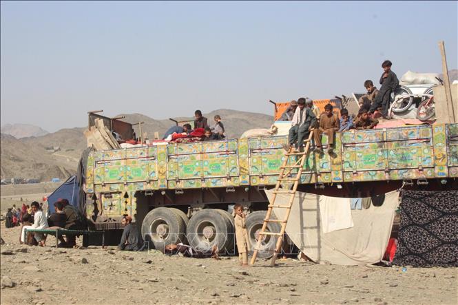 Xe tải chở người di cư Afghanistan về nước qua cửa khẩu Torkham ở biên giới Afghanistan - Pakistan, ngày 3/11/2023. Ảnh: THX/TTXVN