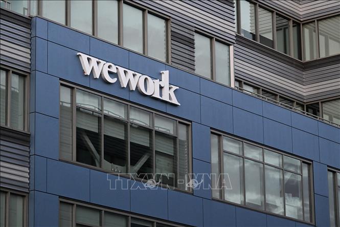 Biểu tượng của công ty WeWork tại tòa nhà thương mại ở Los Angeles, California (Mỹ) ngày 8/8/2023. Ảnh: AFP/TTXVN