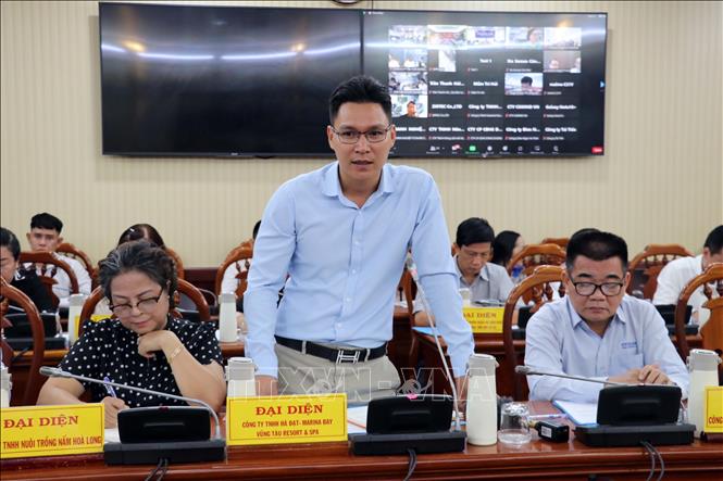 Đại diện Hiệp hội Du lịch tỉnh Bà Rịa-Vũng Tàu Đinh Công Hoàng-Giám đốc Công ty TNHH Hà Đạt phát biểu. Ảnh: Đoàn Mạnh Dương -TTXVN 
